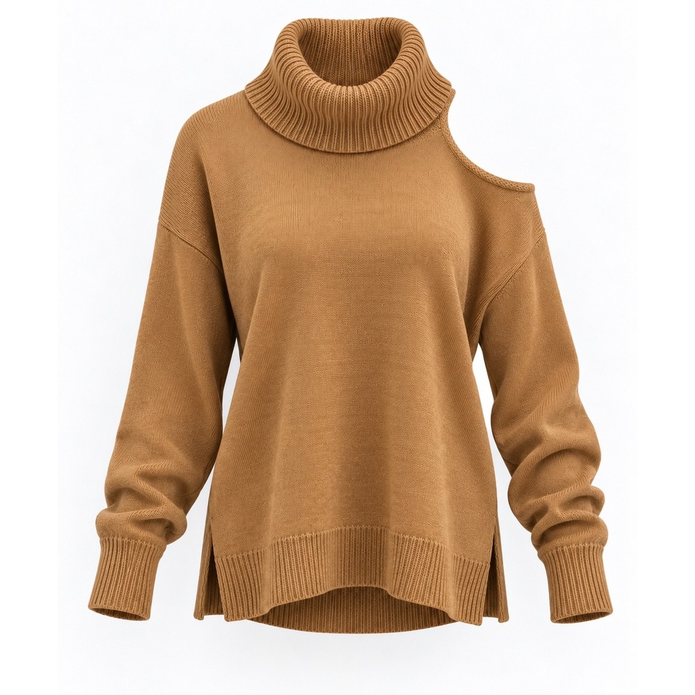 1.STATE Womens One Shoulder Cutout Turtleneck Sweater Wild Oak Brown NWT XL Fall